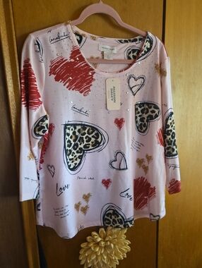 Allison Daley Light Pink Heart Print Top with Red and Gold Accents